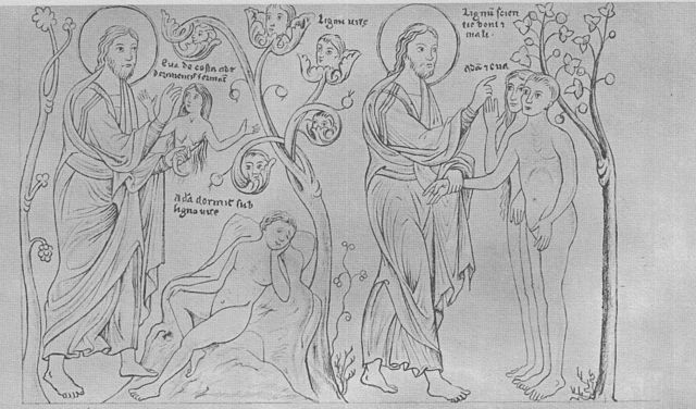 Hortus Deliciarum, Die Erschaffung Evas und das Verbot, vom Baum der Erkenntnis des Guten und Bösen zu essen.jpg