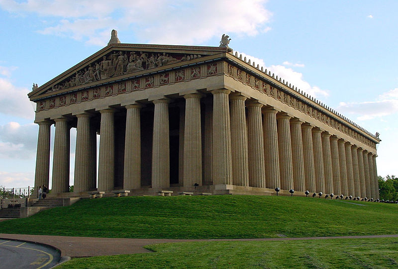 Photograph of the Parthenon in Nashville, Tennessee, replica. Material steel and concrete. * Photographer: Ryan Kaldari * Date: April 27th, 2005,This work has been released into the public domain by its author 