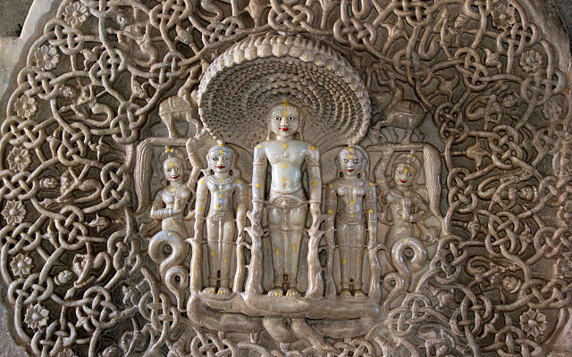Jain temple at Ranakpur in Aravalli range near Udaipur Rajasthan India karma chains carved out of marble